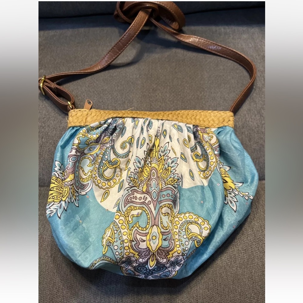 Medium Sized Blue and gold Peacock style colored Crossbody Bag 9” x 8”
